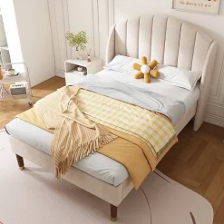 Lit Simple 90x200 cm - Lit Rembourré ado - Velours - Sans Matelas - Beige