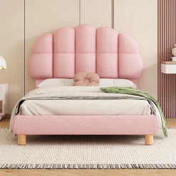 Lit simple 90x200 cm, avec tête de lit en forme de cercle guimauve, cadre en métal, lit capitonné en sherpa - Rose