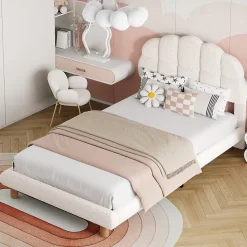 Lit simple 90x200 cm avec tête de lit, sommier en bois, cadre plateforme, pour enfant, blanc