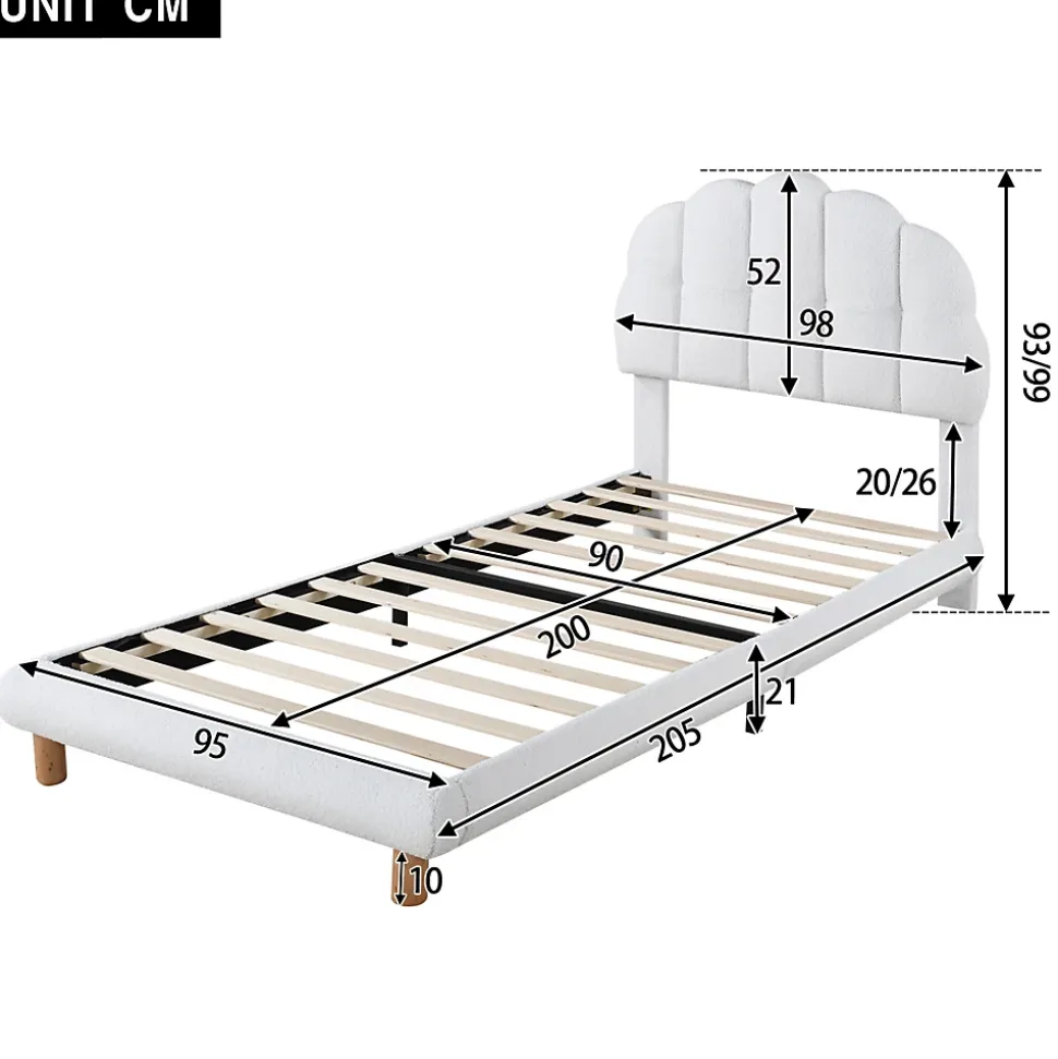 Lit simple 90x200 cm avec tête de lit, sommier en bois, cadre plateforme, pour enfant, blanc