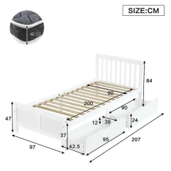 Lit Simple 90x200 cm Bois - Lit Ado ou Adulte avec Rangement Intégré sous le Sommier - Sans Matelas - Bois de Pin + MDF - Blanc