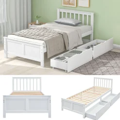 Lit Simple 90x200 cm Bois - Lit Ado ou Adulte avec Rangement Intégré sous le Sommier - Sans Matelas - Bois de Pin + MDF - Blanc