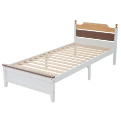 Lit simple 90x200 cm en bois de pin avec pied central, tête et pied en MDF, design Colour-Blocking blanc, lit pour ado et adulte