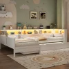 Lit simple 90x200 cm en forme de L - Avec lit gigogne et 1 tiroir - LED et port USB - MDF - Blanc (sans matelas)