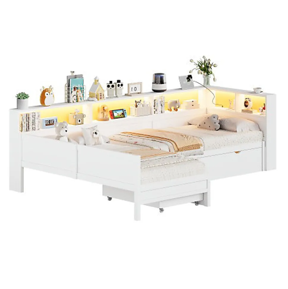 Lit simple 90x200 cm en forme de L - Avec lit gigogne et 1 tiroir - LED et port USB - MDF - Blanc (sans matelas)
