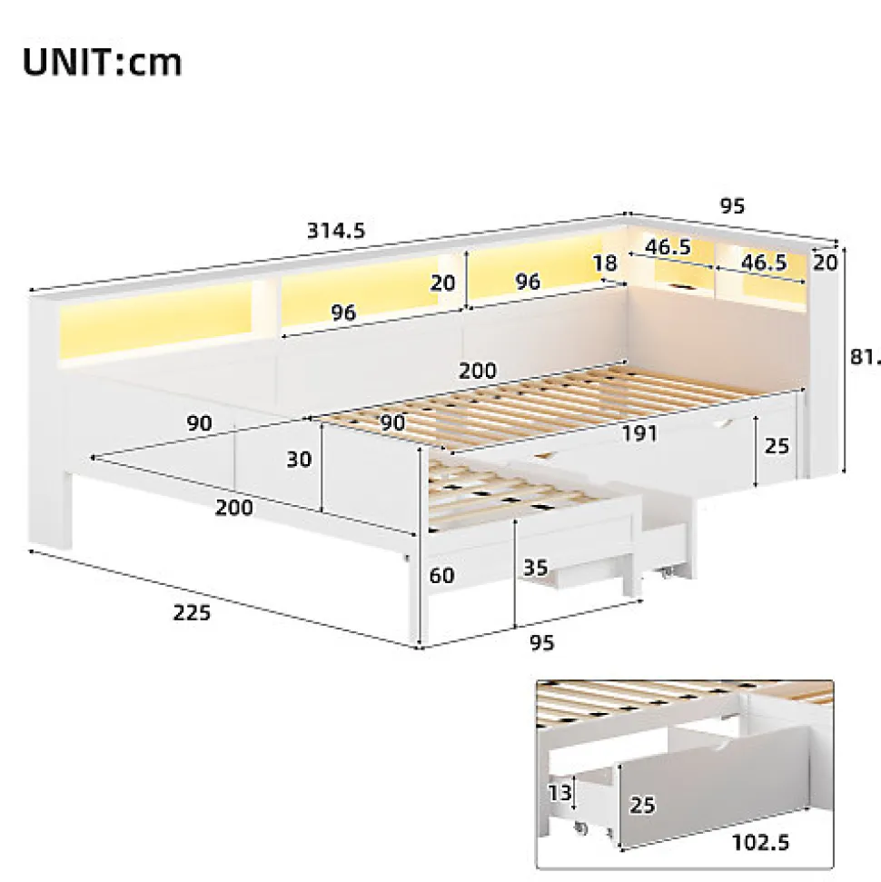 Lit simple 90x200 cm en forme de L - Avec lit gigogne et 1 tiroir - LED et port USB - MDF - Blanc (sans matelas)