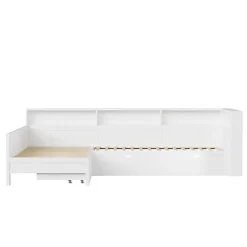 Lit simple 90x200 cm en forme de L - Avec lit gigogne et 1 tiroir - LED et port USB - MDF - Blanc (sans matelas)