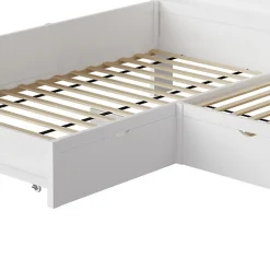 Lit simple 90x200 cm en forme de L - Avec lit gigogne et 1 tiroir - LED et port USB - MDF - Blanc (sans matelas)