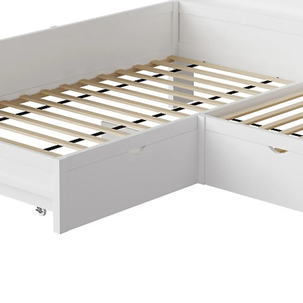 Lit simple 90x200 cm en forme de L - Avec lit gigogne et 1 tiroir - LED et port USB - MDF - Blanc (sans matelas)