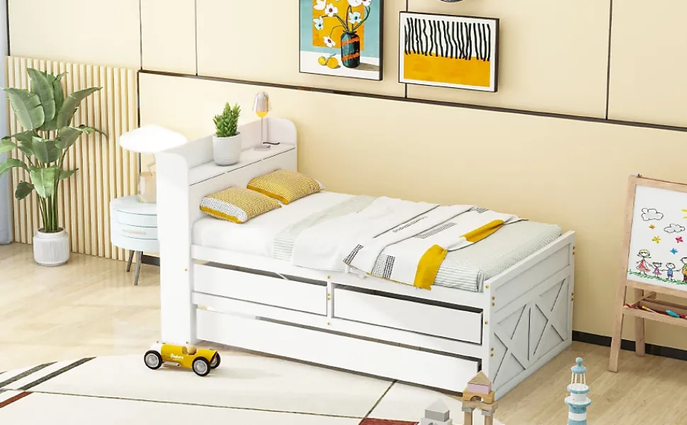 Lit simple 90x190 cm en pin massif avec sommier tiroir table de chevet étagères port USB blanc