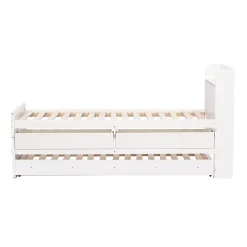Lit simple 90x190 cm en pin massif avec sommier tiroir table de chevet étagères port USB blanc