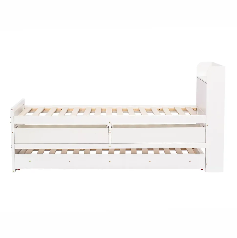 Lit simple 90x190 cm en pin massif avec sommier tiroir table de chevet étagères port USB blanc