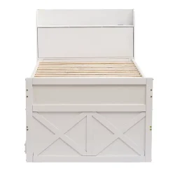 Lit simple 90x190 cm en pin massif avec sommier tiroir table de chevet étagères port USB blanc