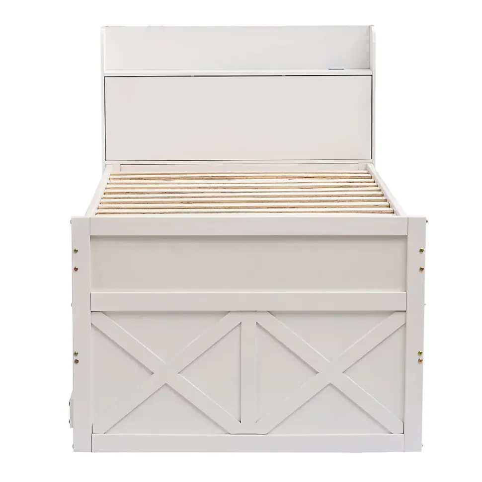 Lit simple 90x190 cm en pin massif avec sommier tiroir table de chevet étagères port USB blanc