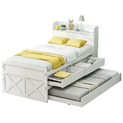 Lit simple 90x190 cm en pin massif avec sommier tiroir table de chevet étagères port USB blanc