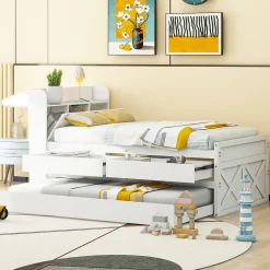 Lit simple 90x190 cm en pin massif avec sommier tiroir table de chevet étagères port USB blanc