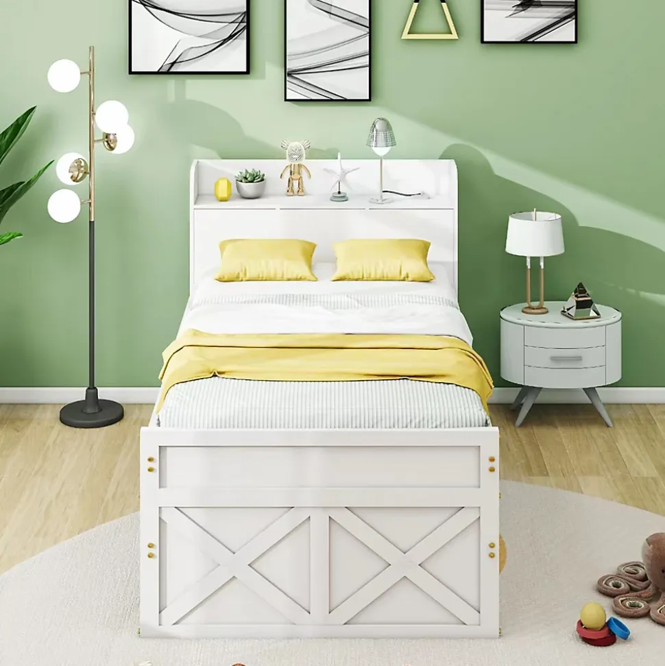 Lit simple 90x190 cm en pin massif avec sommier tiroir table de chevet étagères port USB blanc