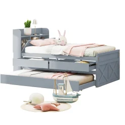 Lit simple 90x190 cm en pin massif avec sommier tiroir table de chevet étagères port USB gris