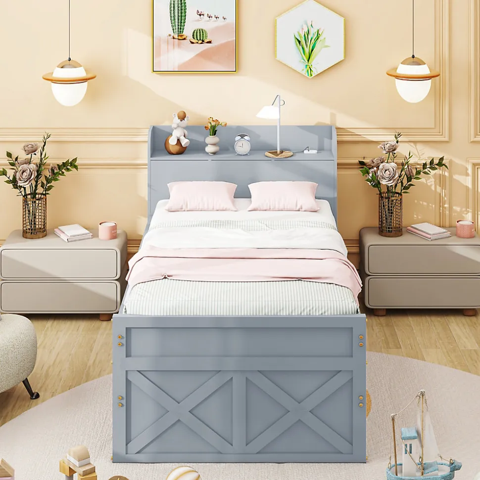 Lit simple 90x190 cm en pin massif avec sommier tiroir table de chevet étagères port USB gris