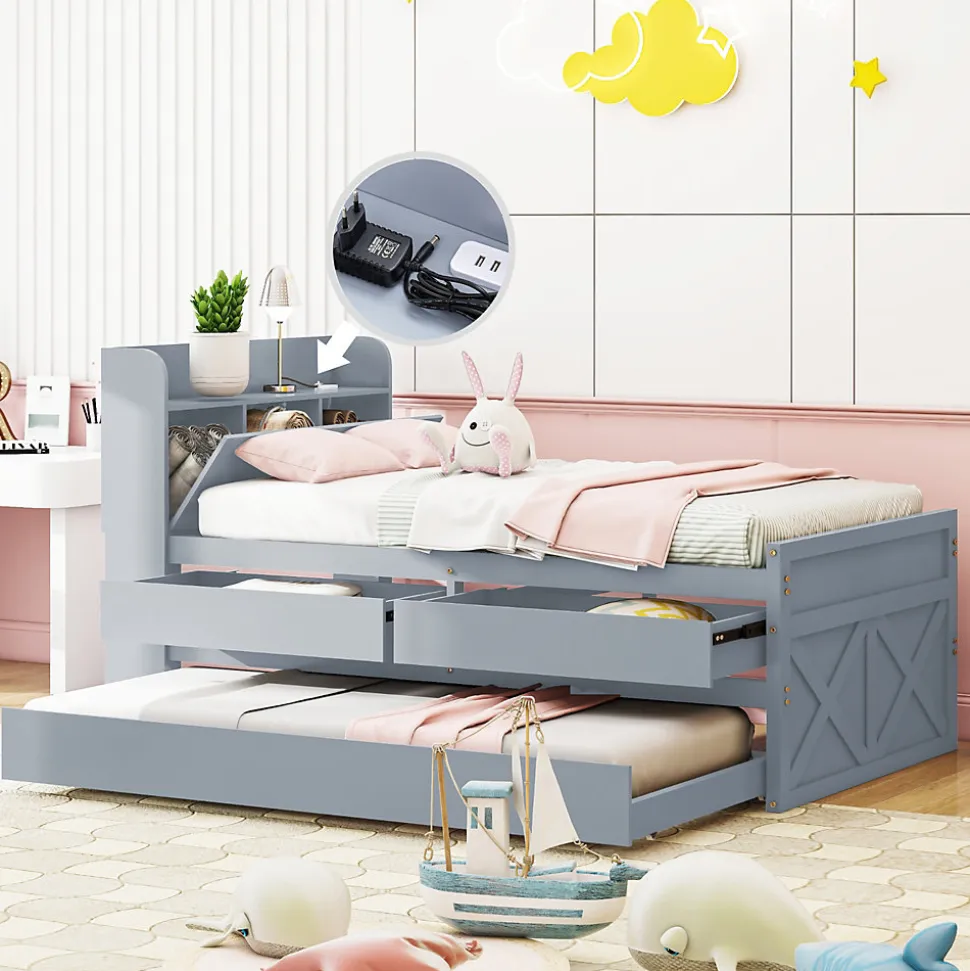 Lit simple 90x190 cm en pin massif avec sommier tiroir table de chevet étagères port USB gris