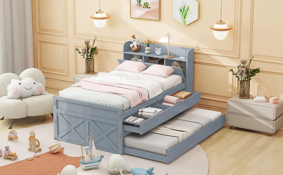 Lit simple 90x190 cm en pin massif avec sommier tiroir table de chevet étagères port USB gris