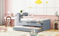 Lit simple 90x190 cm en pin massif avec sommier tiroir table de chevet étagères port USB gris