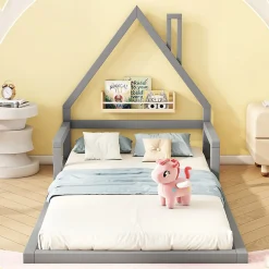 Lit Simple 90x200 cm en Pin Massif Gris, Design Minimaliste, Confort et Sécurité pour Chambre