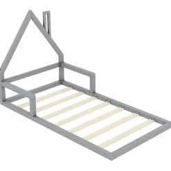 Lit Simple 90x200 cm en Pin Massif Gris, Design Minimaliste, Confort et Sécurité pour Chambre