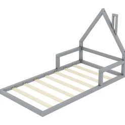 Lit Simple 90x200 cm en Pin Massif Gris, Design Minimaliste, Confort et Sécurité pour Chambre