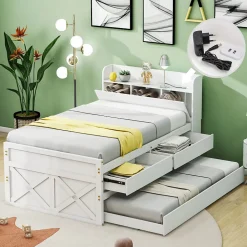 Lit simple 90x190 cm en pin massif blanc avec tiroir coulissant, sommier et table de chevet USB, Lit multifonction ado/invité