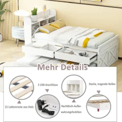 Lit simple 90x190 cm en pin massif blanc avec tiroir coulissant, sommier et table de chevet USB, Lit multifonction ado/invité