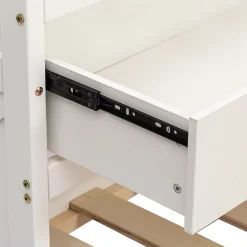 Lit simple 90x190 cm en pin massif blanc avec tiroir coulissant, sommier et table de chevet USB, Lit multifonction ado/invité