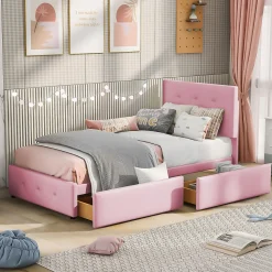 Lit simple 90x200 cm en velours beige avec sommier et 2 tiroirs, lit plat pour enfants, adolescents ou invités, rose