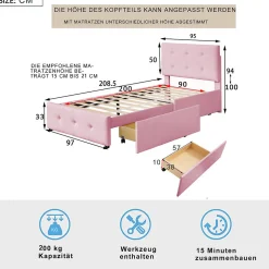 Lit simple 90x200 cm en velours beige avec sommier et 2 tiroirs, lit plat pour enfants, adolescents ou invités, rose