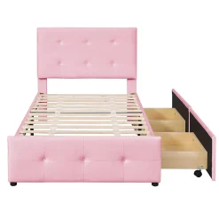 Lit simple 90x200 cm en velours beige avec sommier et 2 tiroirs, lit plat pour enfants, adolescents ou invités, rose