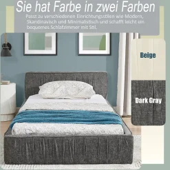 Lit Simple 90x200 cm enfant Capitonné, Tête de Lit, Structure Bois d'Eucalyptus Métal, Chenille Doux, Gris Foncé, Sans Matelas