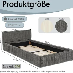 Lit Simple 90x200 cm enfant Capitonné, Tête de Lit, Structure Bois d'Eucalyptus Métal, Chenille Doux, Gris Foncé, Sans Matelas