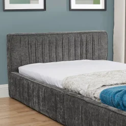 Lit Simple 90x200 cm enfant Capitonné, Tête de Lit, Structure Bois d'Eucalyptus Métal, Chenille Doux, Gris Foncé, Sans Matelas