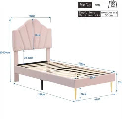 Lit simple 90x200 cm, Lit Capitonné avec Tête de Lit Coquillage Réglable et Pieds Dorés - Rose, Sans Matelas