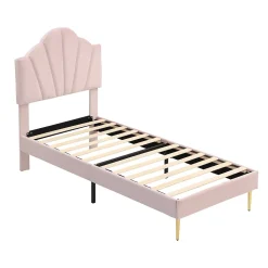 Lit simple 90x200 cm, Lit Capitonné avec Tête de Lit Coquillage Réglable et Pieds Dorés - Rose, Sans Matelas