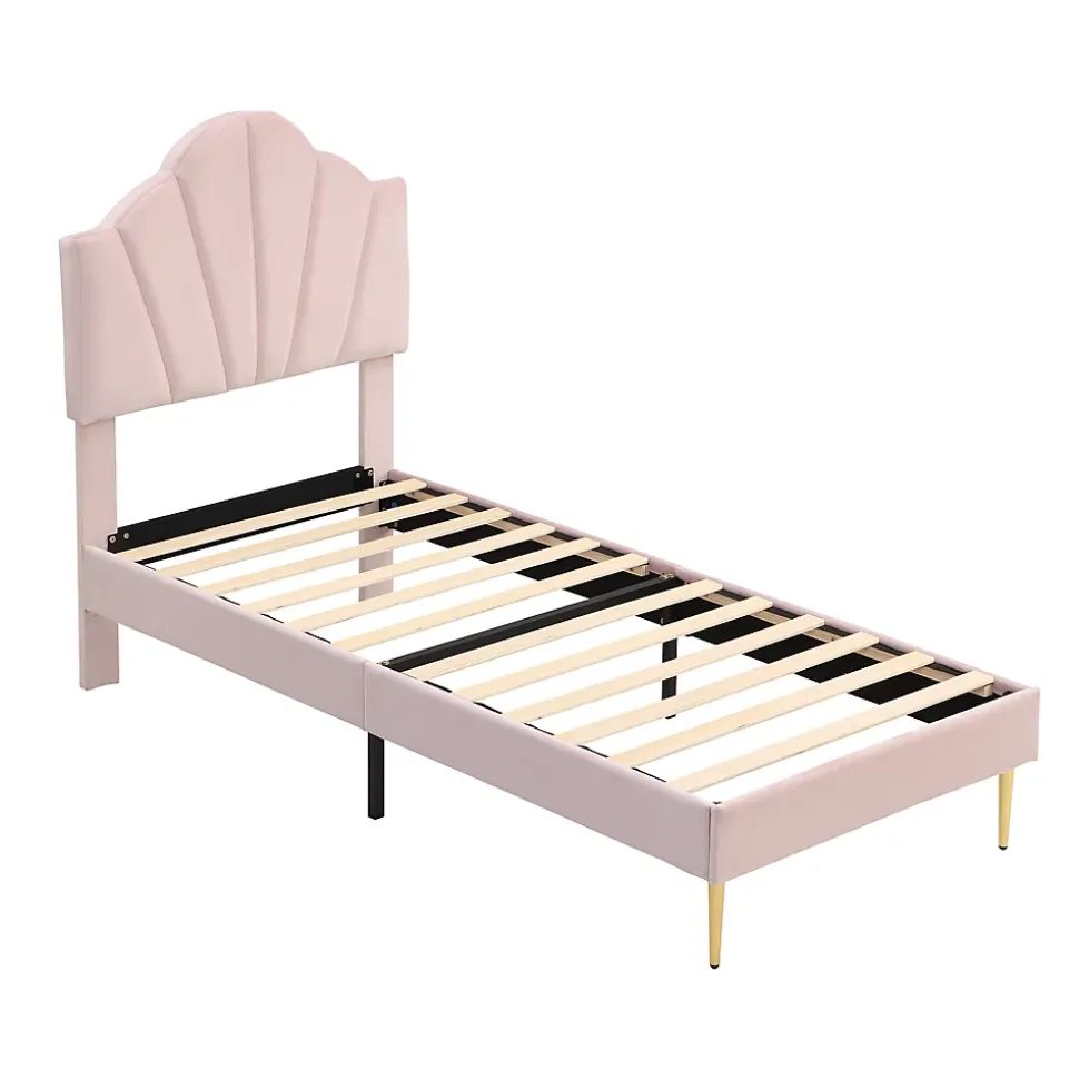 Lit simple 90x200 cm, Lit Capitonné avec Tête de Lit Coquillage Réglable et Pieds Dorés - Rose, Sans Matelas