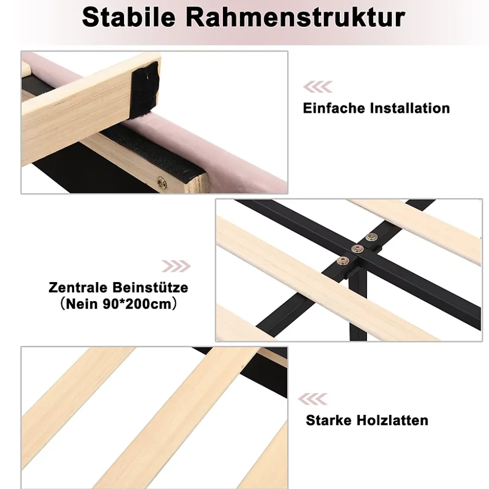 Lit simple 90x200 cm, Lit Capitonné avec Tête de Lit Coquillage Réglable et Pieds Dorés - Rose, Sans Matelas