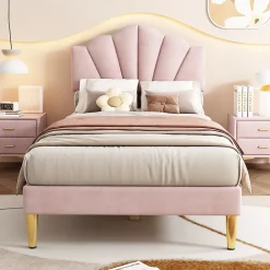 Lit simple 90x200 cm, Lit Capitonné avec Tête de Lit Coquillage Réglable et Pieds Dorés - Rose, Sans Matelas