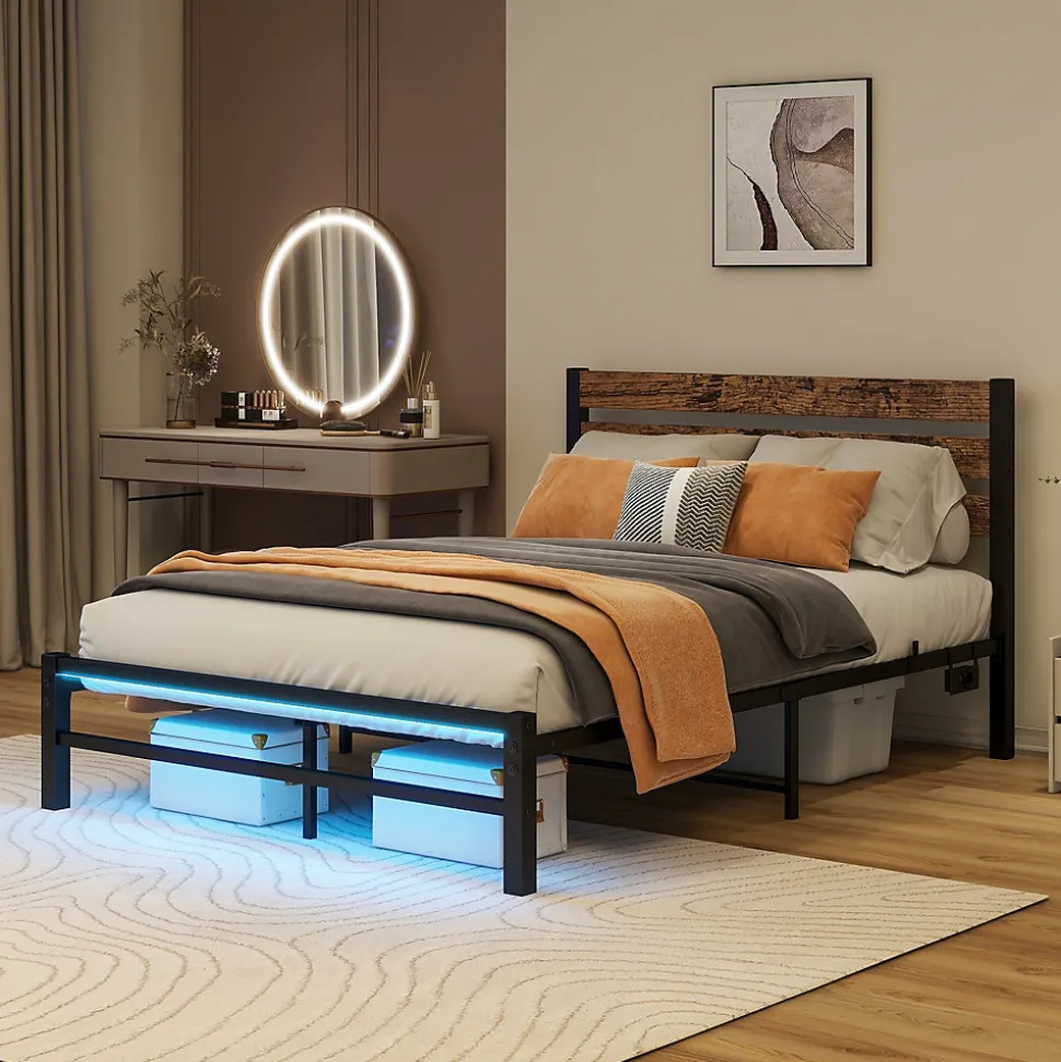 Lit Simple 120x200 cm, Lit Métal Ado Vintage avec LED et USB, Sans Matelas, MDF et Métal, Noir/Brun