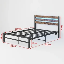 Lit Simple 120x200 cm, Lit Métal Ado Vintage avec LED et USB, Sans Matelas, MDF et Métal, Noir/Brun