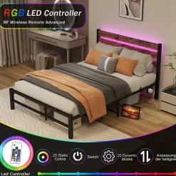 Lit Simple 120x200 cm, Lit Métal Ado Vintage avec LED et USB, Sans Matelas, MDF et Métal, Noir/Brun