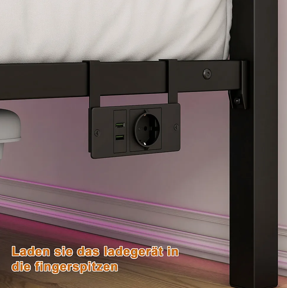 Lit Simple 120x200 cm, Lit Métal Ado Vintage avec LED et USB, Sans Matelas, MDF et Métal, Noir/Brun