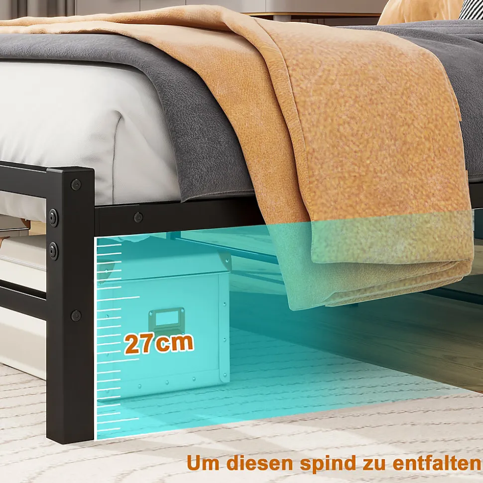 Lit Simple 120x200 cm, Lit Métal Ado Vintage avec LED et USB, Sans Matelas, MDF et Métal, Noir/Brun