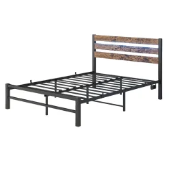 Lit Simple 120x200 cm, Lit Métal Ado Vintage avec LED et USB, Sans Matelas, MDF et Métal, Noir/Brun