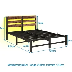 Lit Simple 120x200 cm, Lit Métal Ado avec Éclairage LED et Prises USB, Rangement dessous, Sans Matelas, Métal et Bois, Noir, Brun